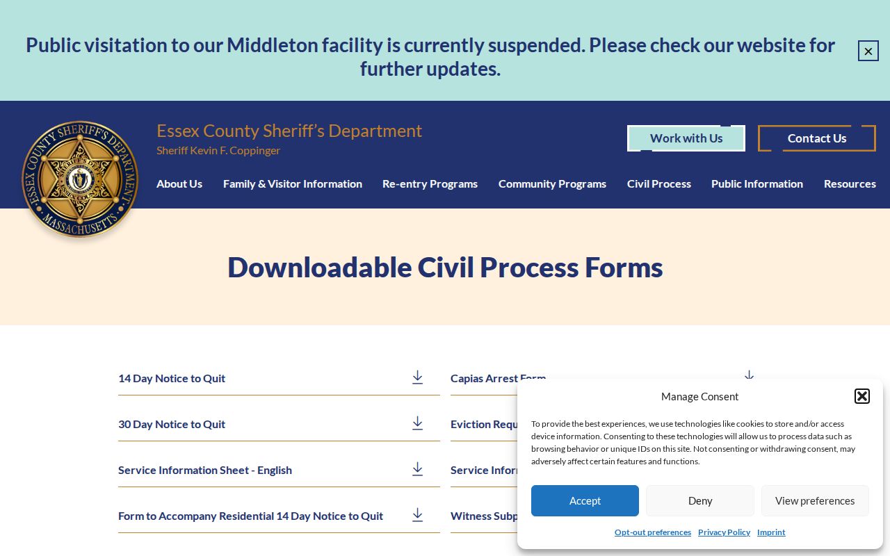 Essex County Sheriff forms index page for Essex County arrest warrant records