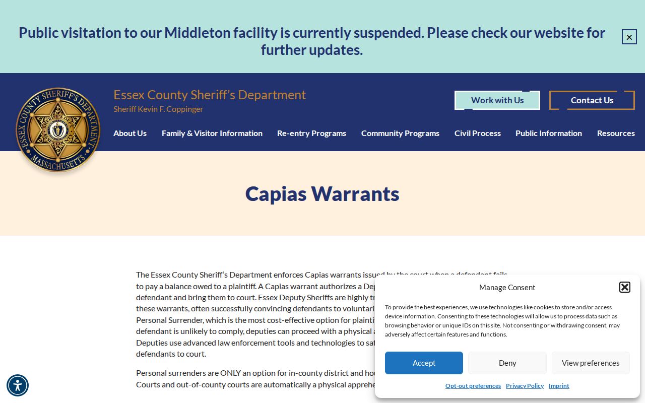 Essex County Sheriff civil capias explanation for Essex County arrest warrant records