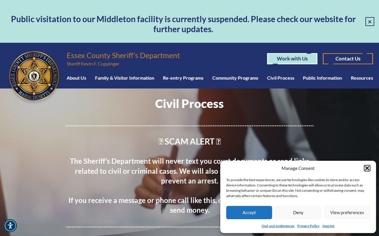 Essex County Sheriff civil process page for Essex County arrest warrant records