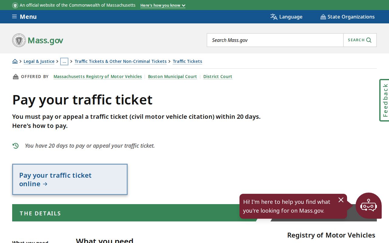 Massachusetts traffic ticket payment page for Essex County traffic warrant records