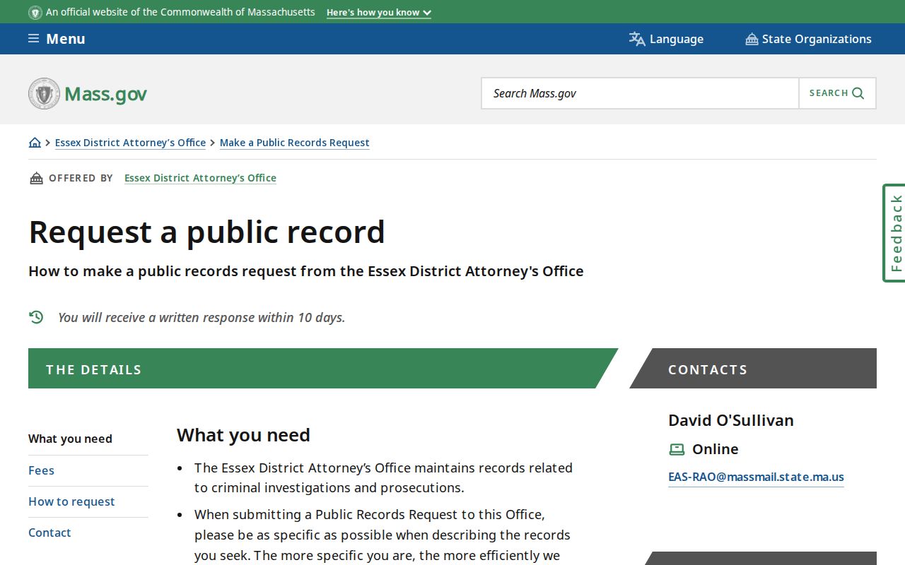 Essex County District Attorney public records request page for warrant records