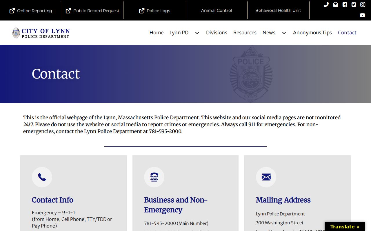 Lynn Police Department contact page for Essex County most wanted records