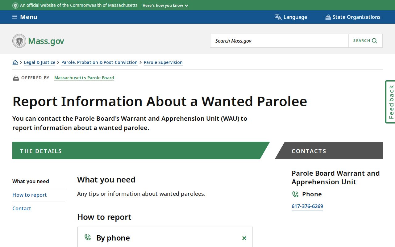 Massachusetts wanted parolee reporting page for Essex County most wanted records
