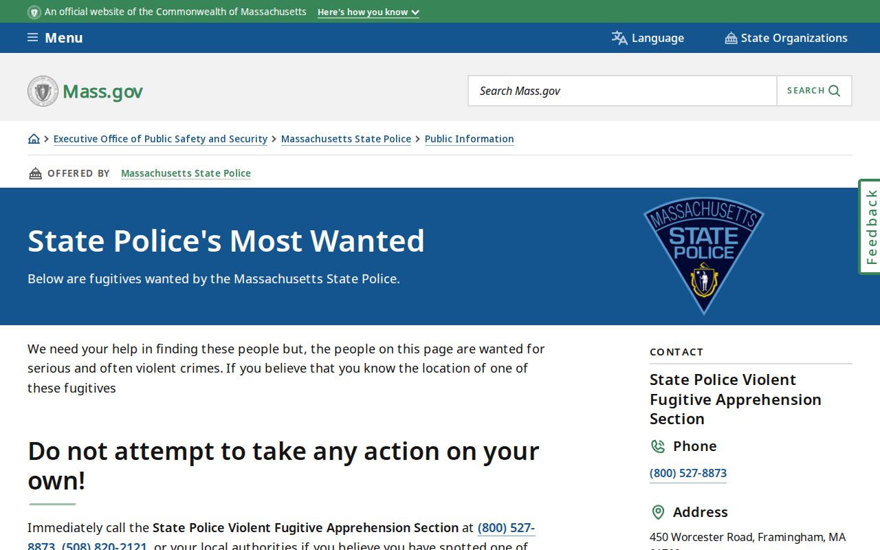Massachusetts State Police most wanted program page for Essex County records