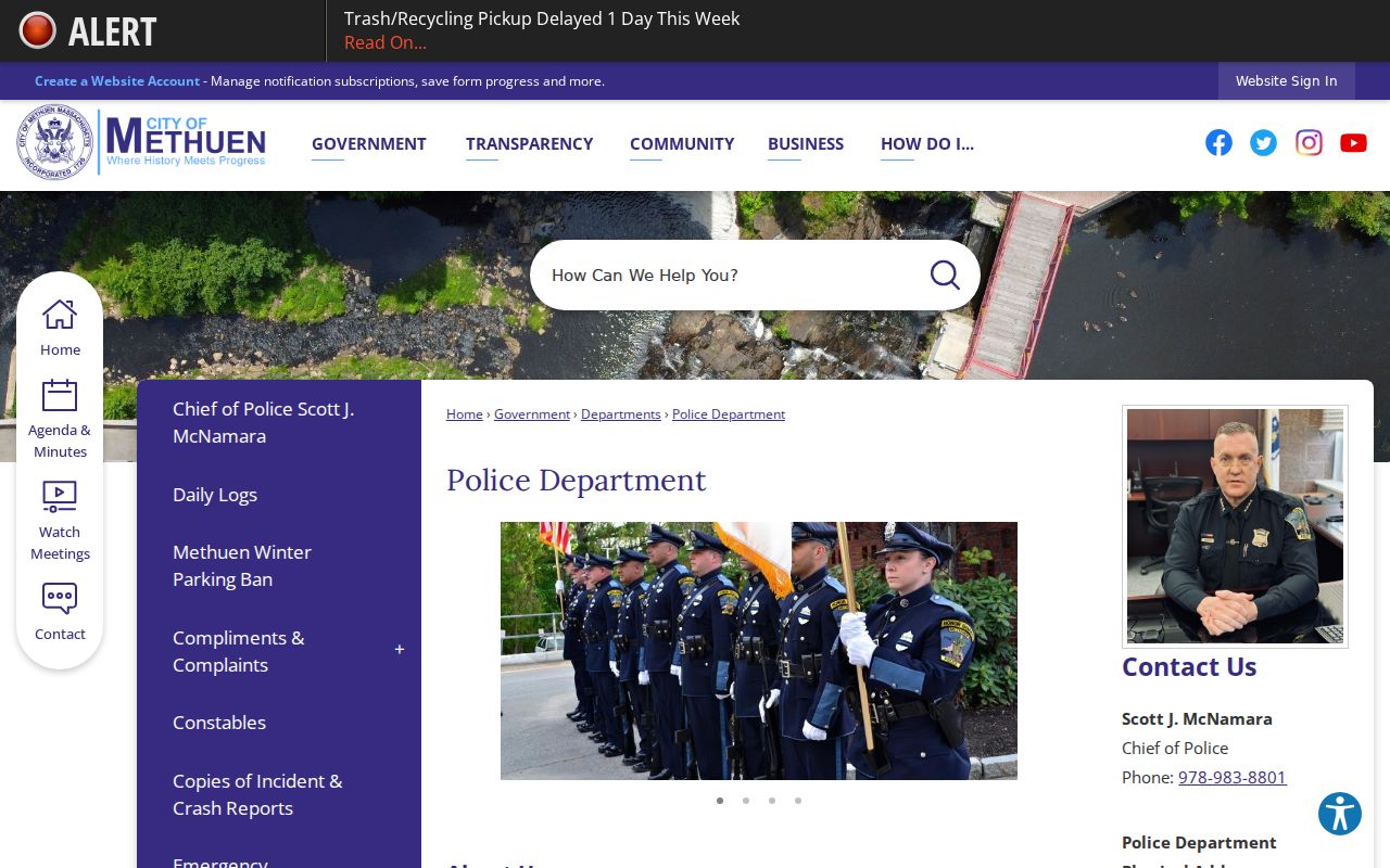 Methuen Police Department records office page for Essex County bench warrant records