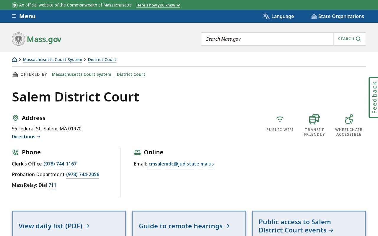 Salem District Court location page used for Essex County warrant records access